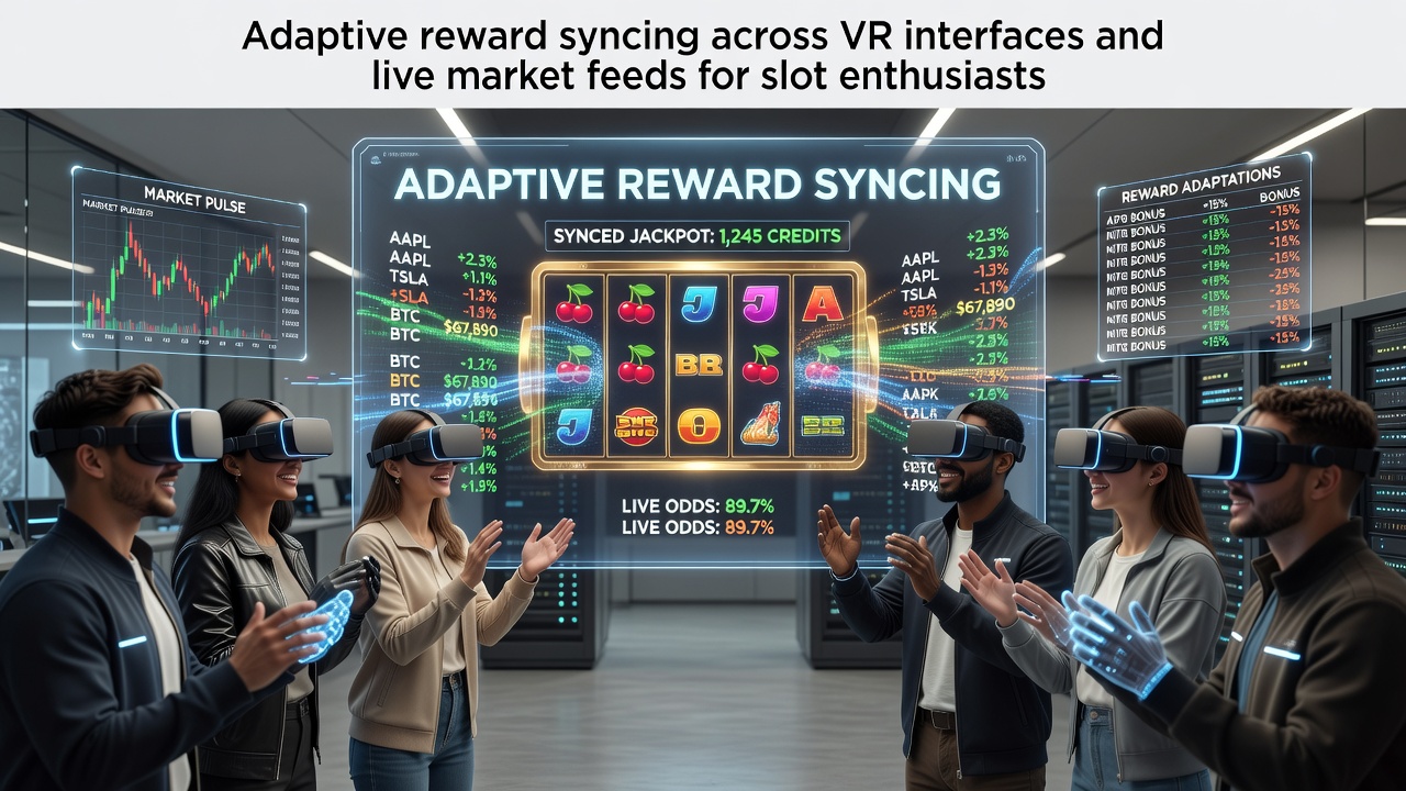 VR headset users engaging with synchronized slot interfaces and live market data overlays