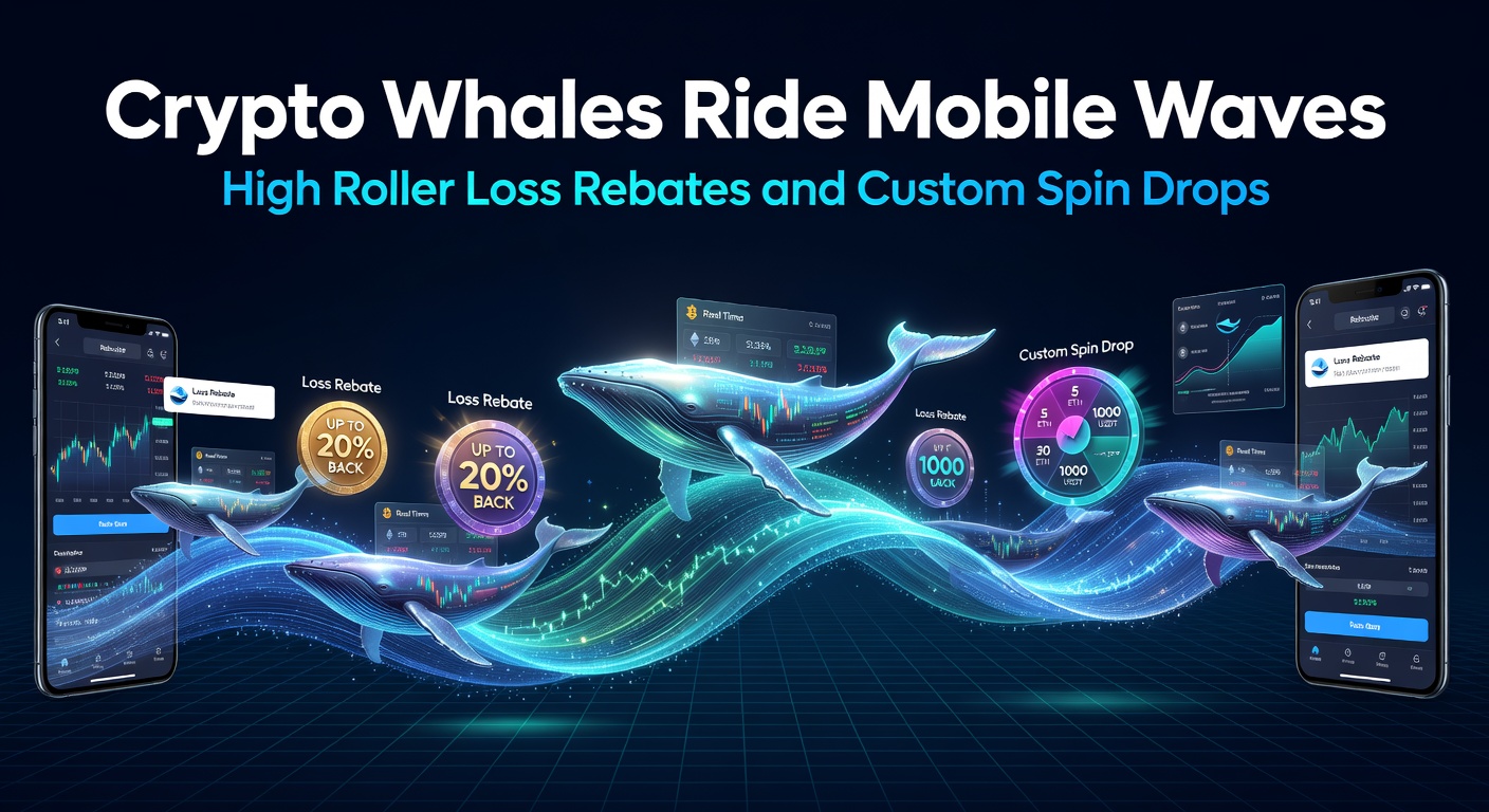 Illustration of custom spin drops landing on a mobile screen for a high-roller crypto gambler, with rebate icons glowing