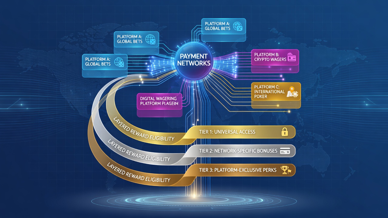 Digital interface showing payment network icons connected to layered reward tiers on a global wagering platform