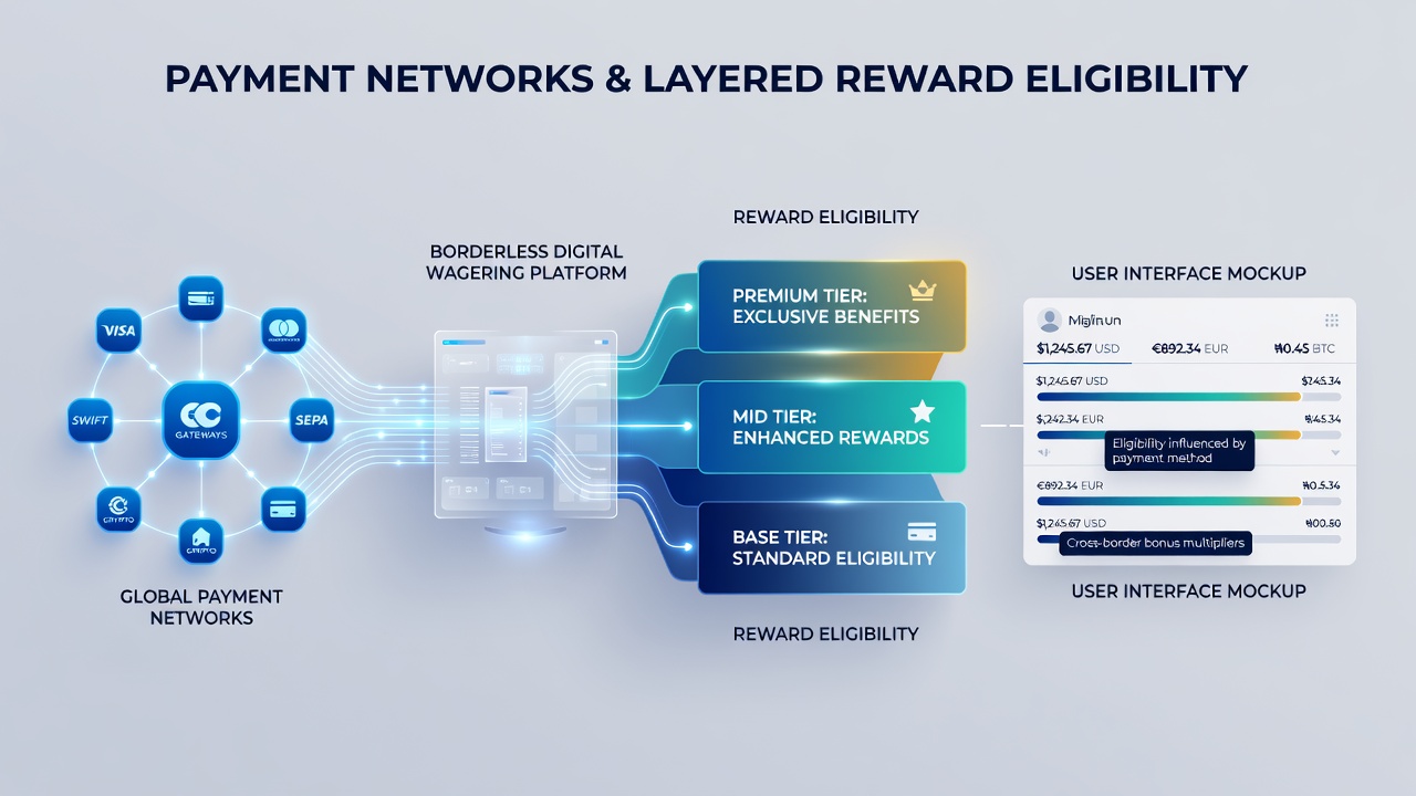 Global map overlay displaying payment network routes and reward tier progression indicators for digital wagering users