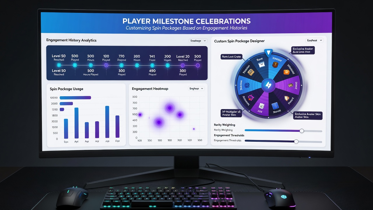 Customized spin package celebration screen in a mobile gaming application with engagement-based rewards