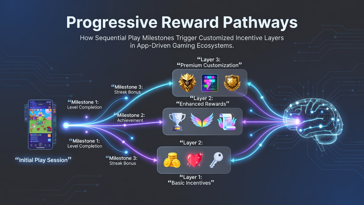 Illustration of sequential play milestones unlocking layered incentives in a mobile gaming app interface