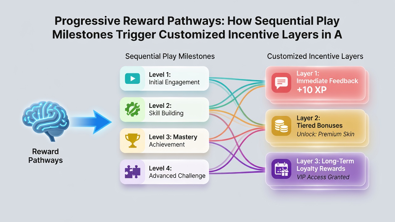 Diagram showing progression through app milestones and resulting customized rewards in gaming ecosystems