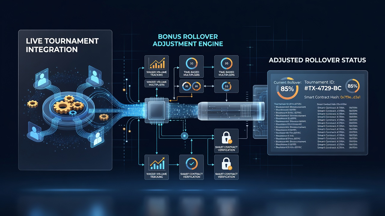 Smart contract flow diagram illustrating bonus rollover recalculations tied to tournament leaderboards on a blockchain slot platform