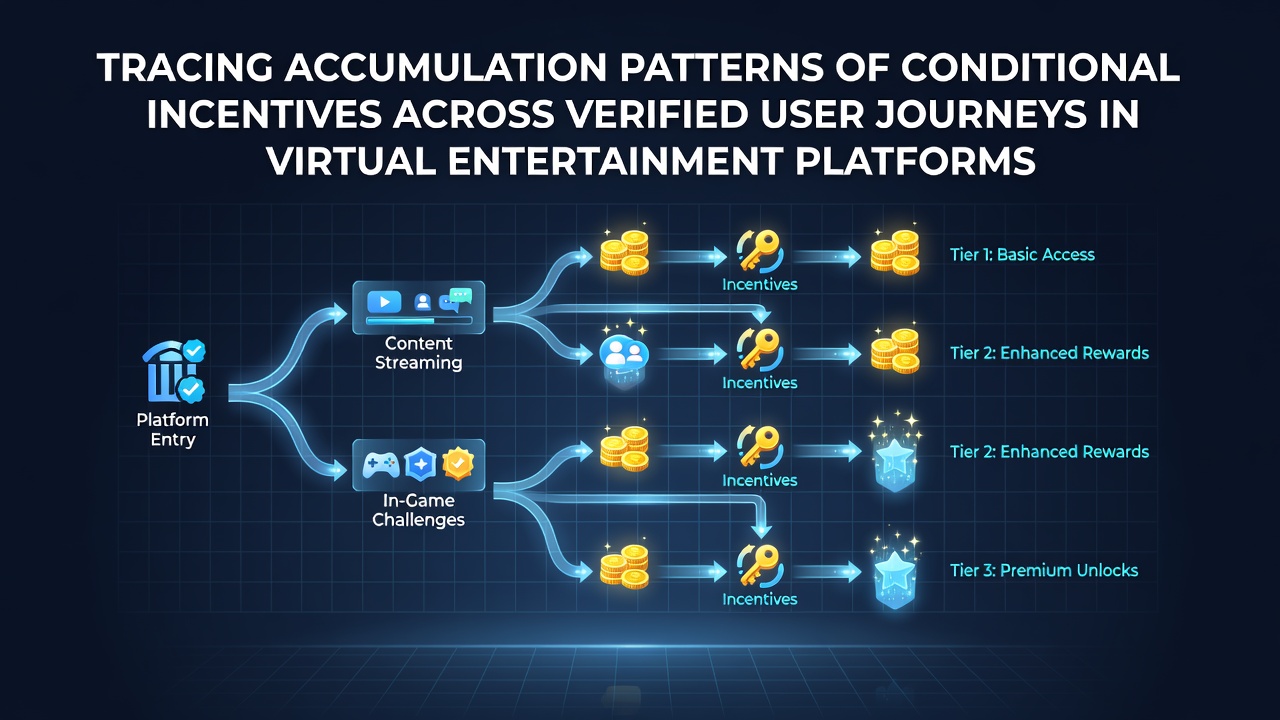 Visualization of verified user paths accumulating conditional incentives on virtual entertainment platforms