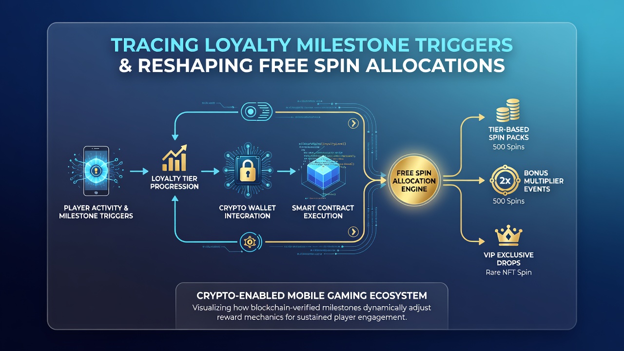 Dashboard view of a blockchain-integrated gaming platform displaying loyalty milestone progress bars and free spin allocation history